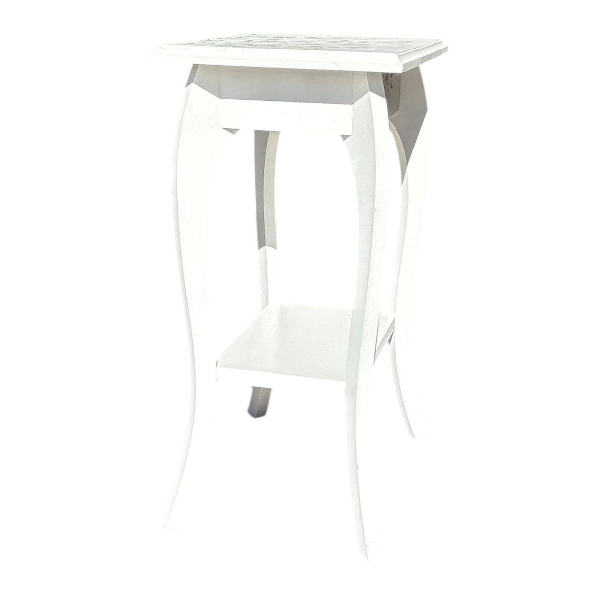 Hand-Painted White Plant Stand with Botanical Floral Motif, Cabriole Legs