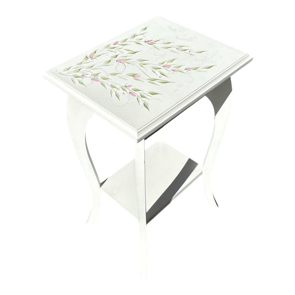 Hand-Painted White Plant Stand with Botanical Floral Motif, Cabriole Legs