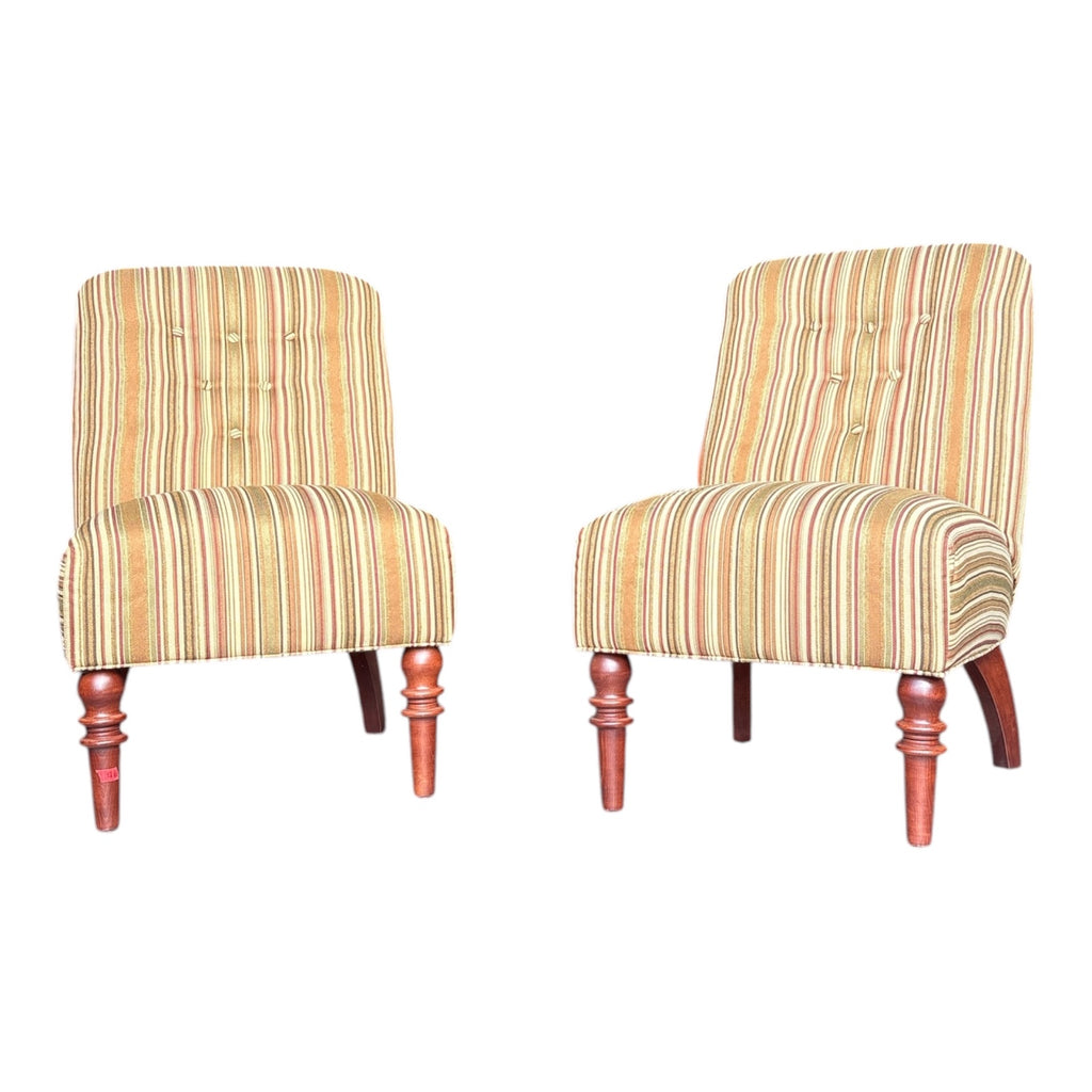Pair of Regency-Style Slipper Chairs with Button-Tufted Striped Upholstery