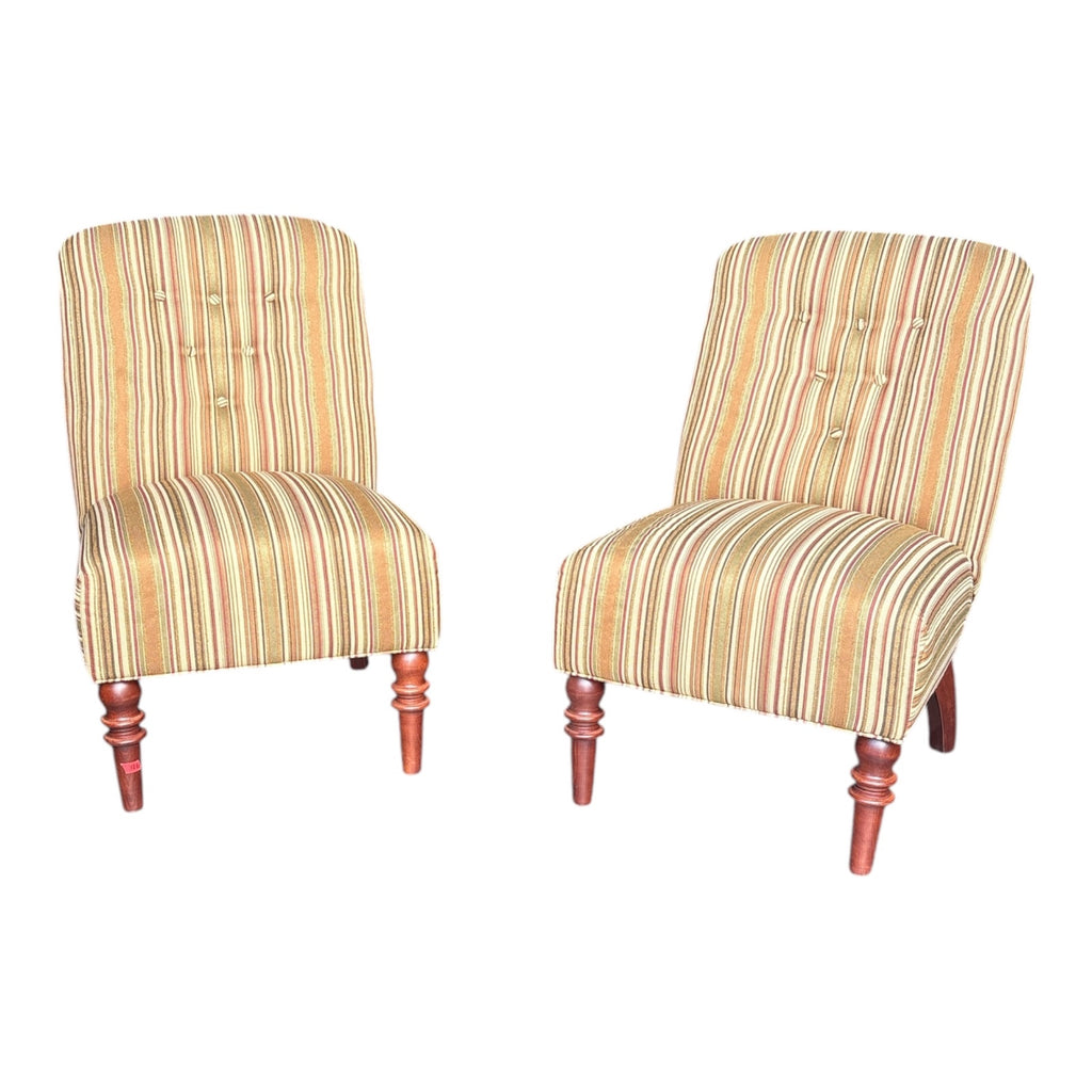 Pair of Regency-Style Slipper Chairs with Button-Tufted Striped Upholstery