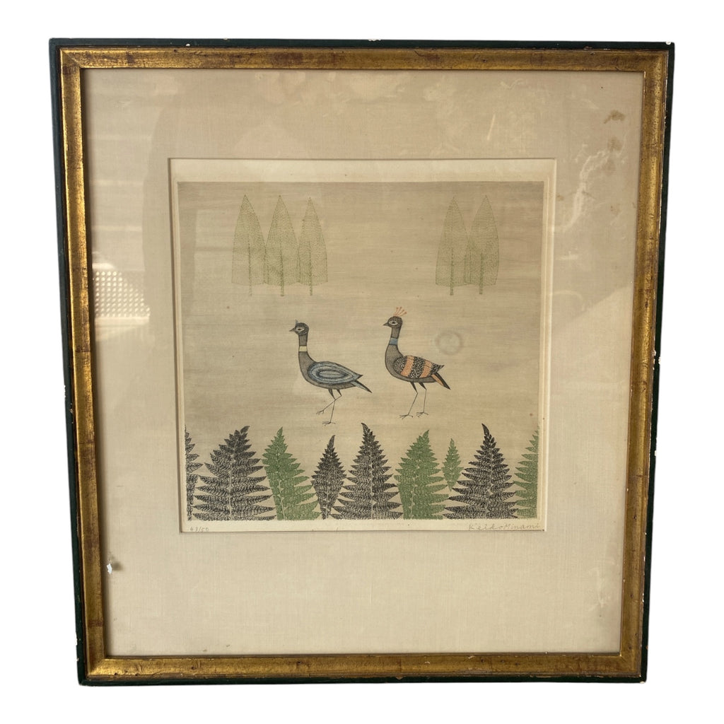 Keiko Minami Signed Etching, Two Birds with Ferns, Numbered 63/90