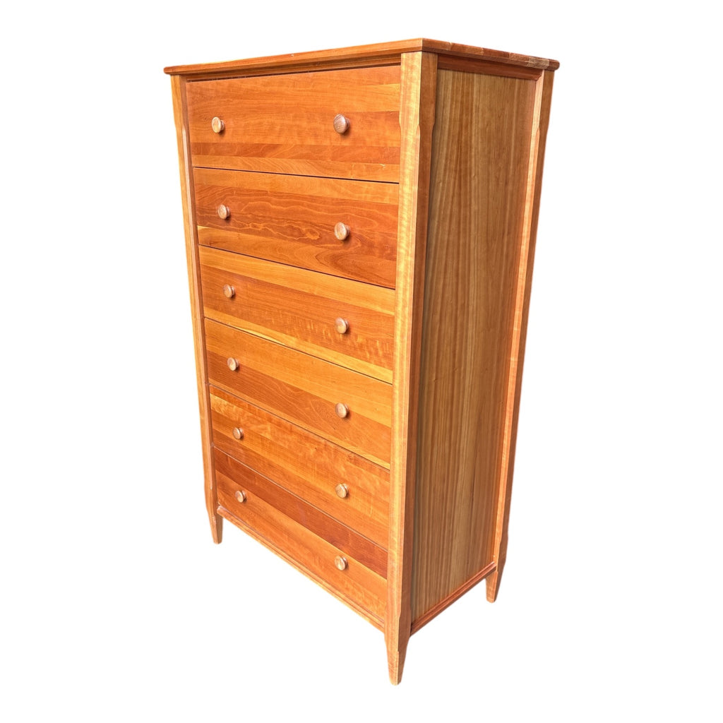 Vermont Shaker-Style Solid Cherry 6-Drawer Highboy Chest with Tiger Maple Accent