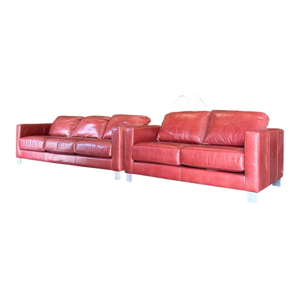 American Leather Matching Sofa & Loveseat Set in Oxblood Red with Chrome Legs