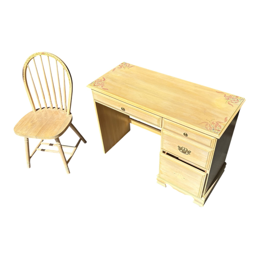 French Country Hand-Painted Desk & Windsor Chair Set - Solid Wood with Tole Acce