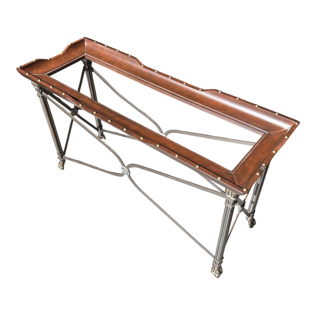 Neoclassical Brass & Leather Console Table with Glass Insert and Hoof Feet