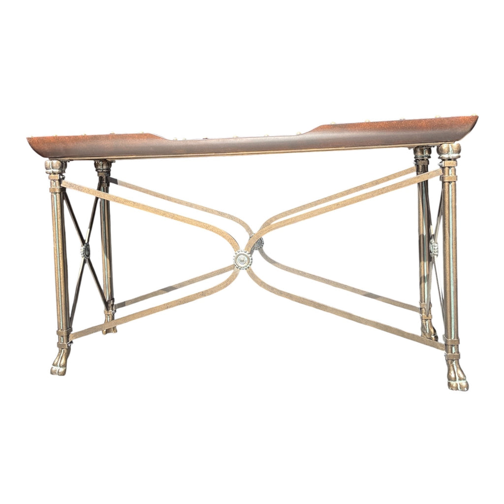 Neoclassical Brass & Leather Console Table with Glass Insert and Hoof Feet