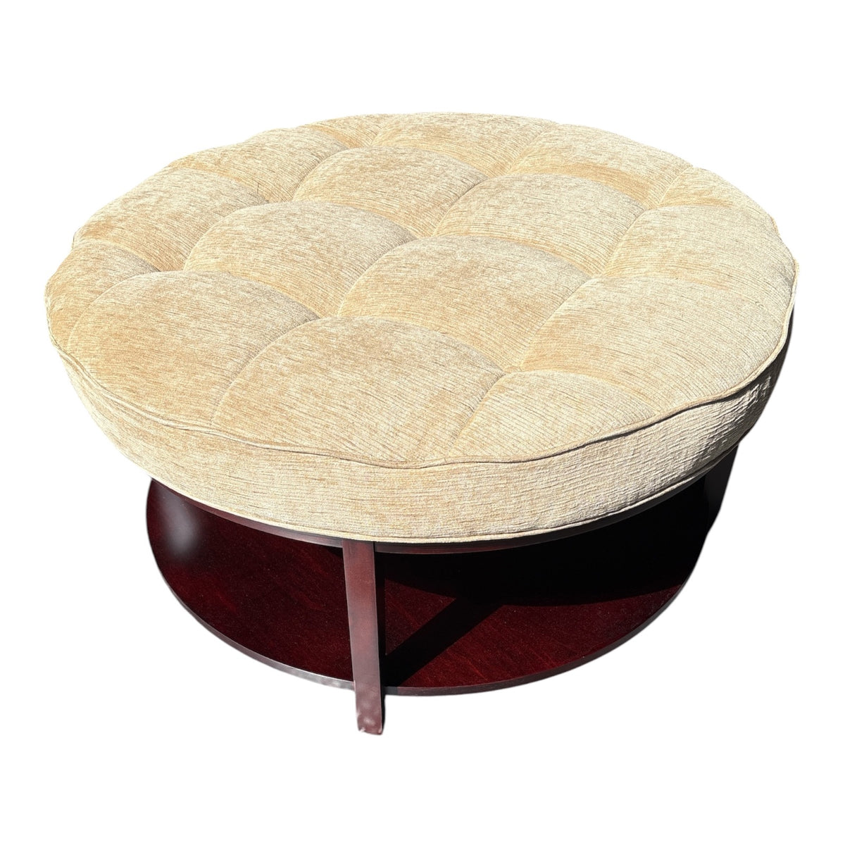Large Round Tufted Ottoman with Mahogany Two-Tier Base & Chenille Upholstery