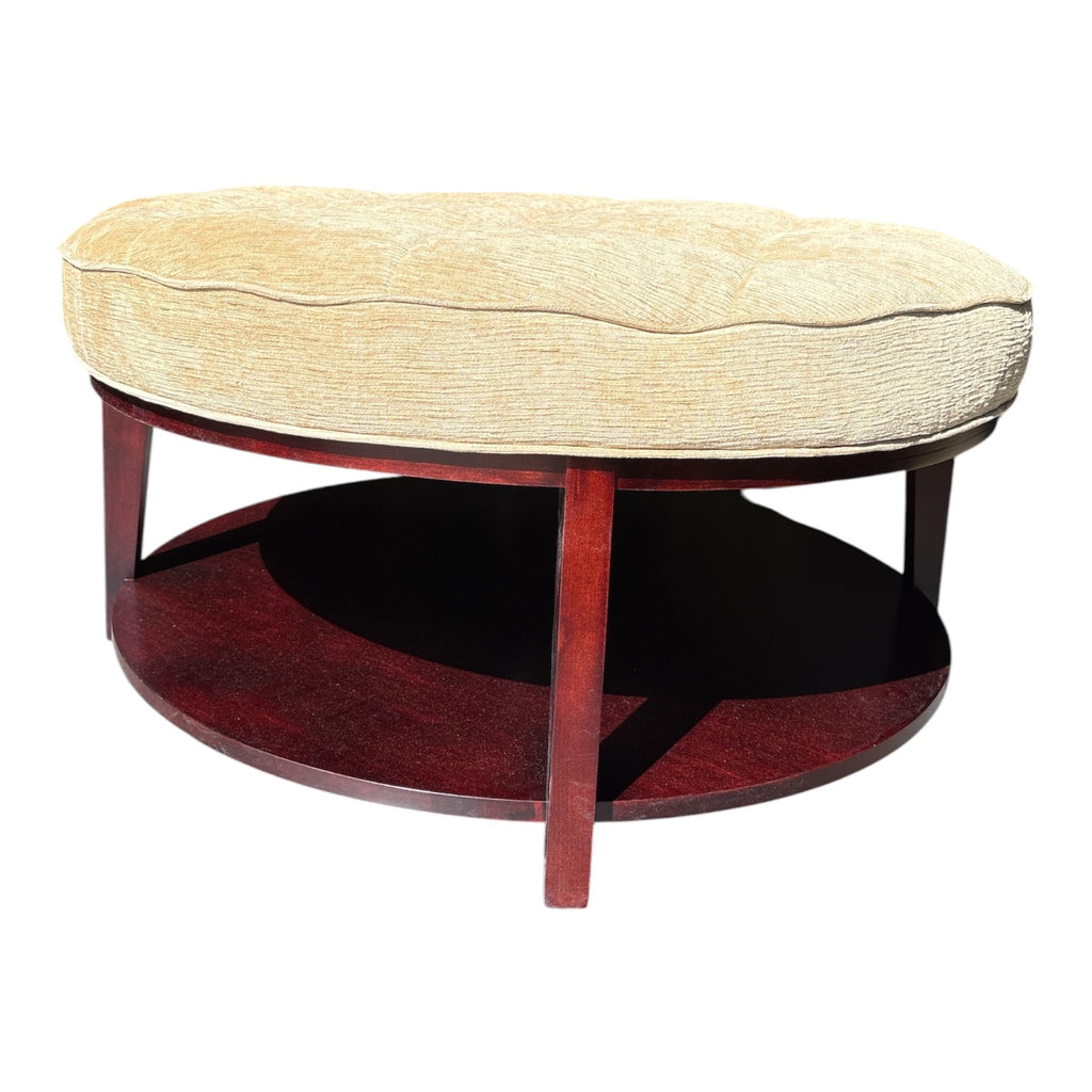 Large Round Tufted Ottoman with Mahogany Two-Tier Base & Chenille Upholstery