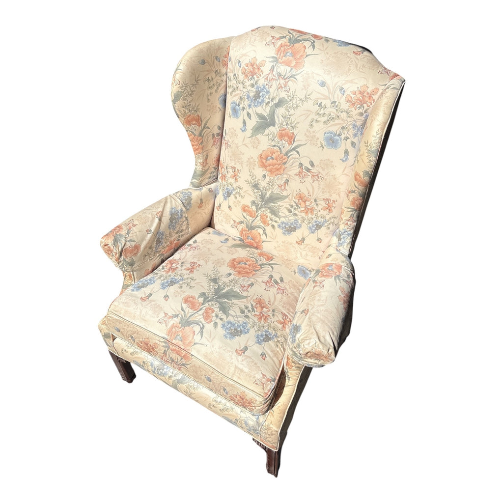 Chippendale-Style Wingback Chair with Carved Mahogany Legs & Botanical Chintz