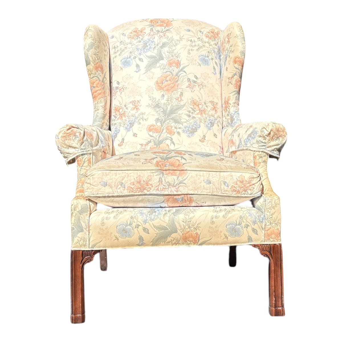 Chippendale-Style Wingback Chair with Carved Mahogany Legs & Botanical Chintz