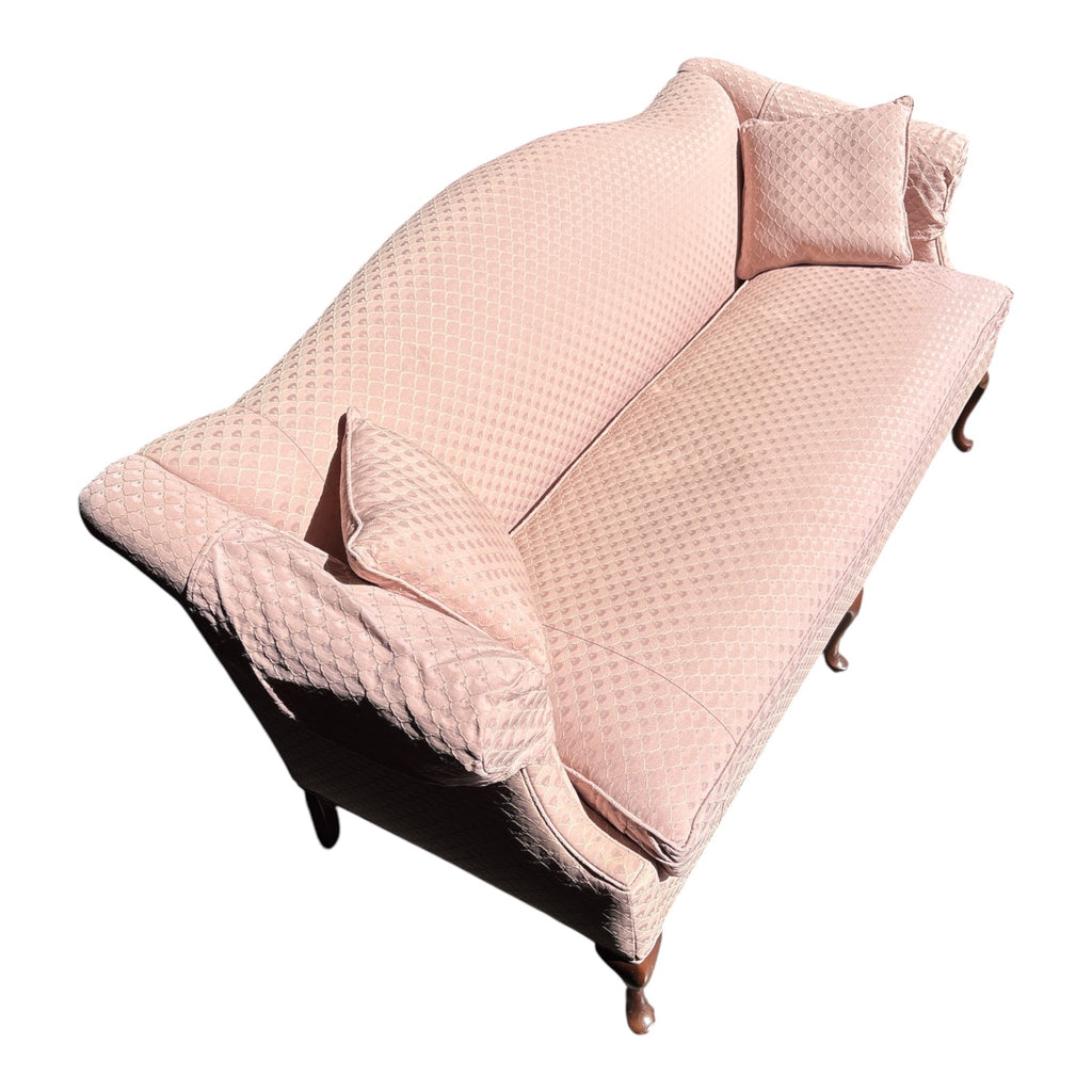Queen Anne Style Camelback Sofa in Blush Pink Damask with Cabriole Legs