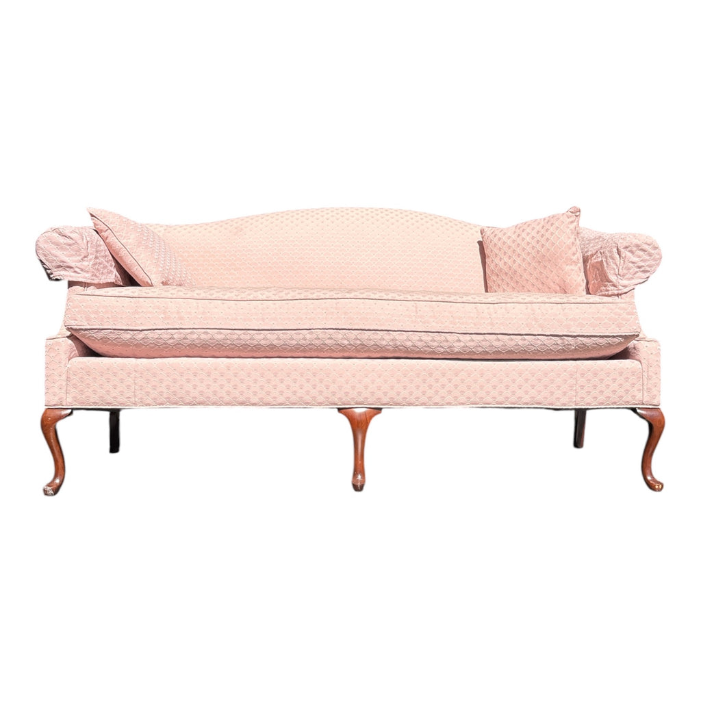 Queen Anne Style Camelback Sofa in Blush Pink Damask with Cabriole Legs
