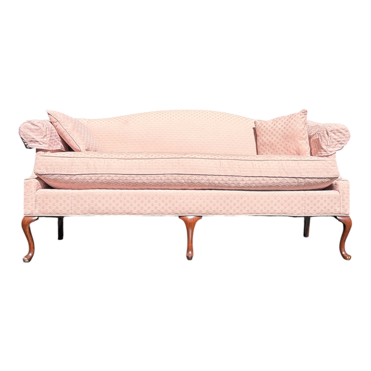 Queen Anne Style Camelback Sofa in Blush Pink Damask with Cabriole Legs