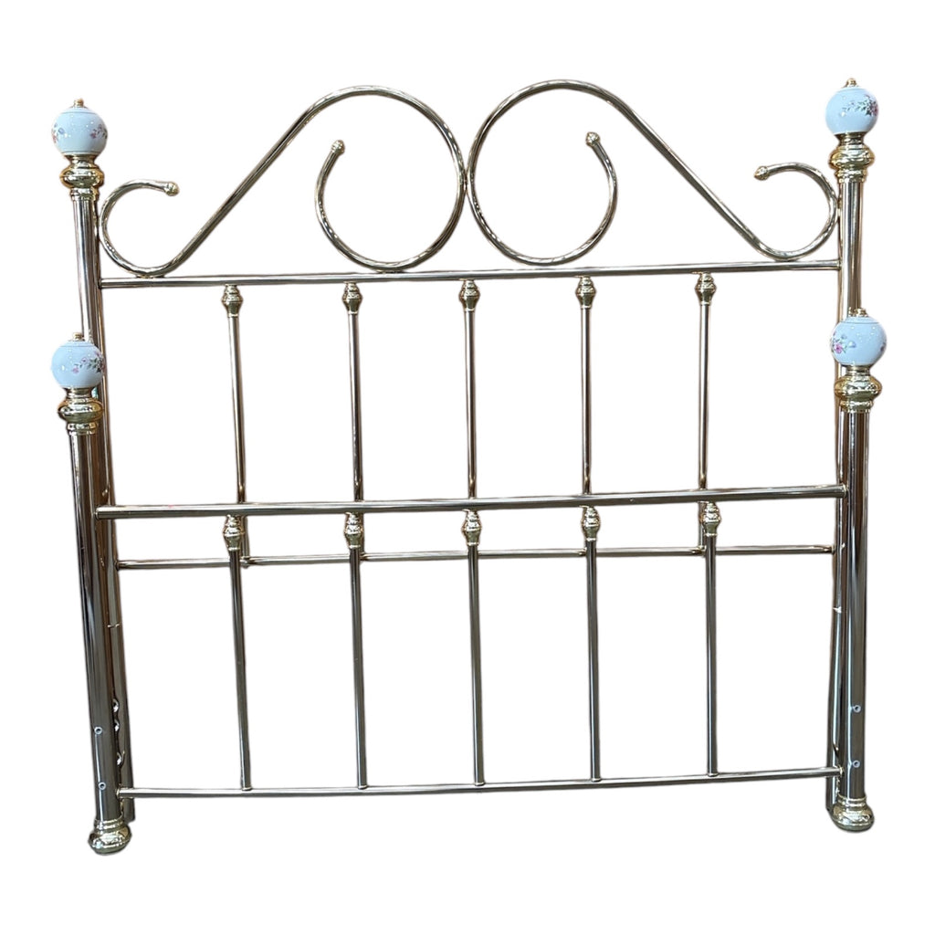 Polished Chrome & Porcelain Queen Bed Frame with Victorian-Style Scrollwork