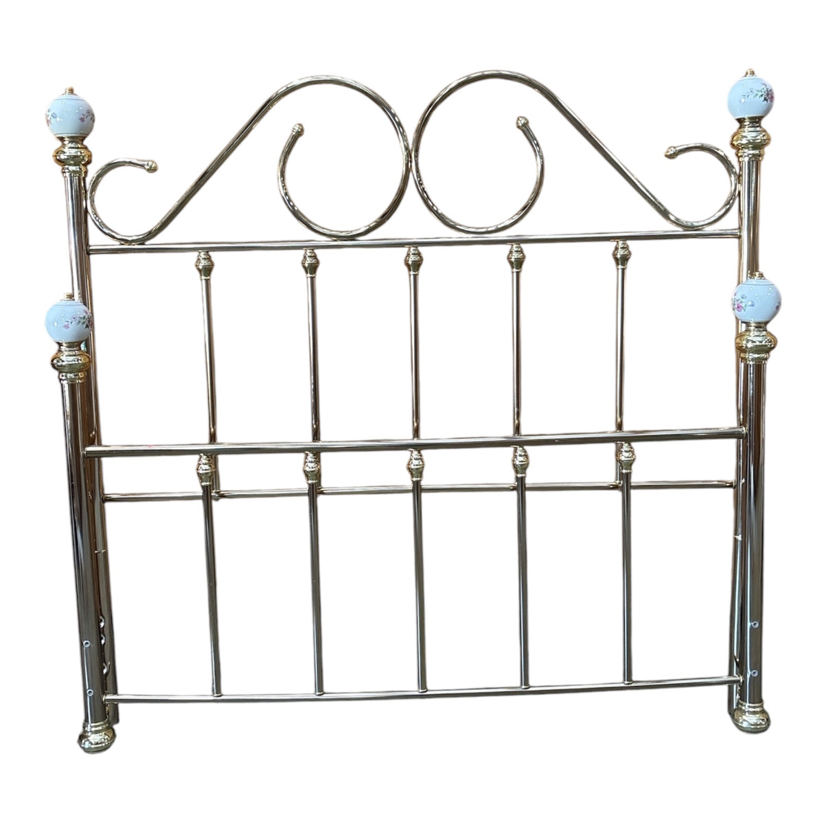Polished Chrome & Porcelain Queen Bed Frame with Victorian-Style Scrollwork