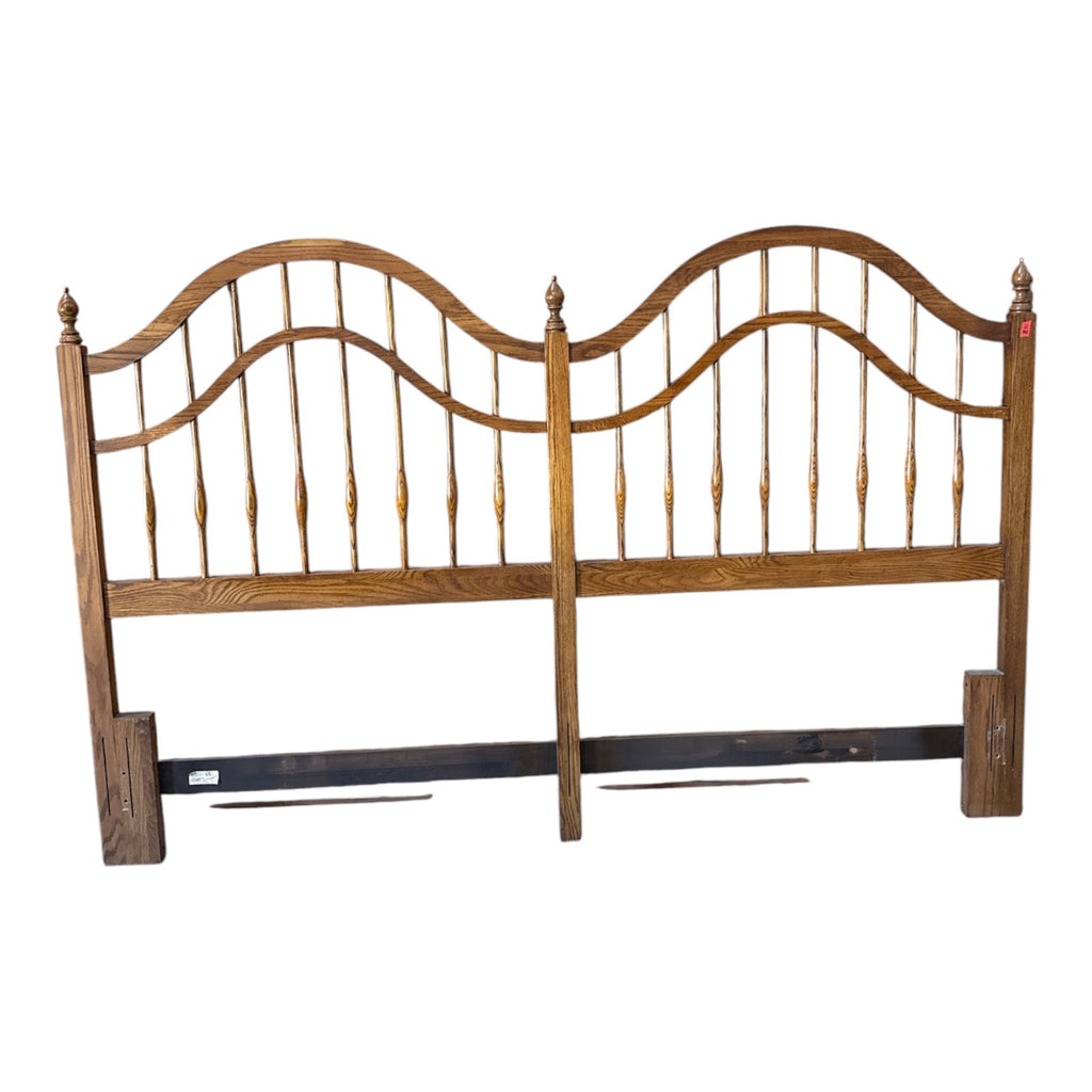 Solid Oak King Headboard with Brass Spindles & Acorn Finials, 1980s Traditional