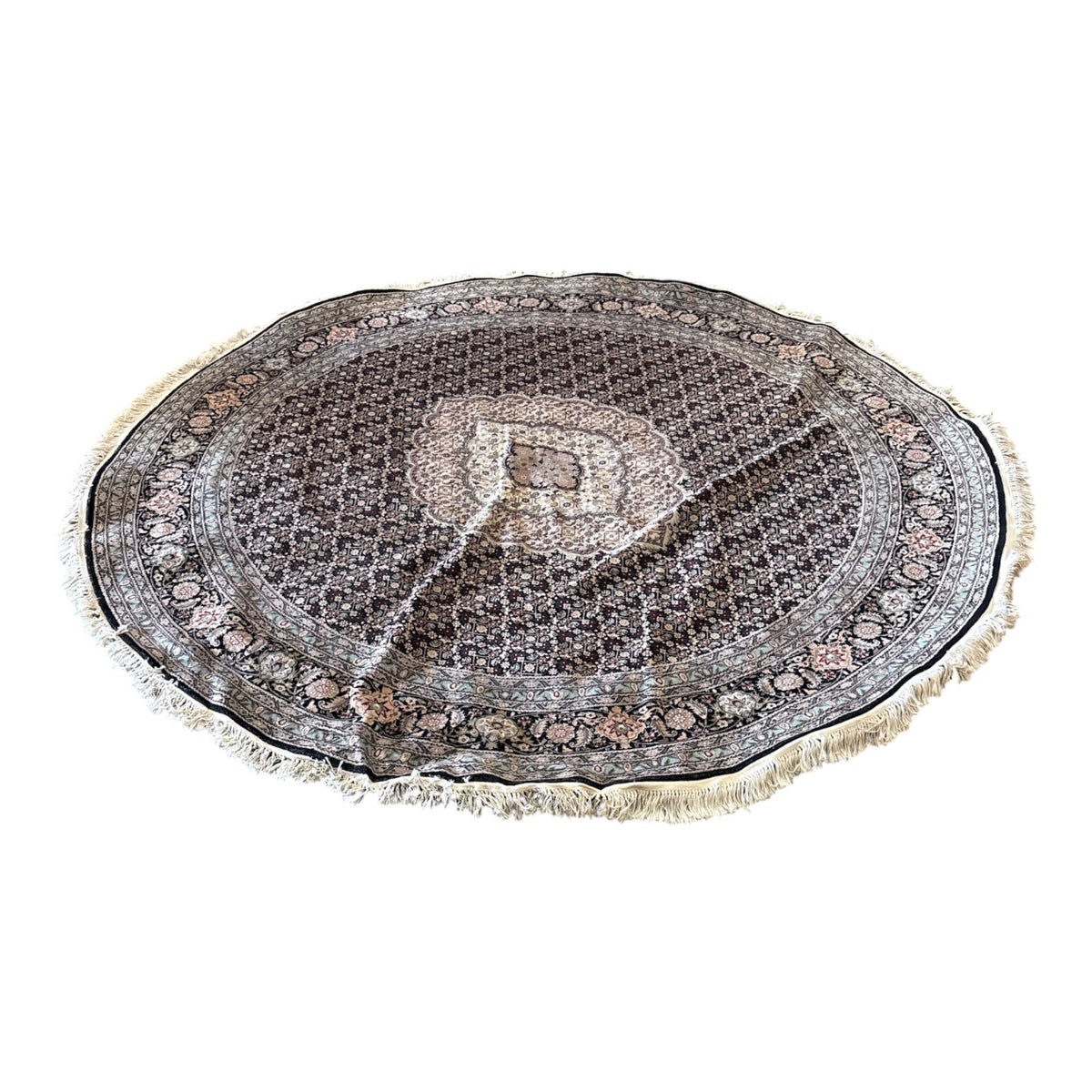 Round Persian-Style Tabriz Mahi Wool Rug with Scalloped Edge, Approx 8ft