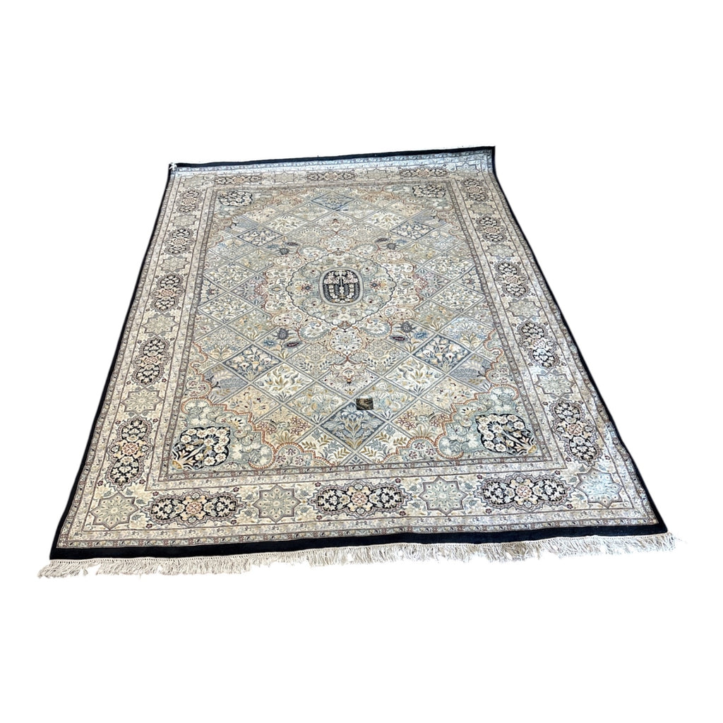 Hand-Knotted Persian-Style Wool Area Rug with Garden Panel Design, Navy Border