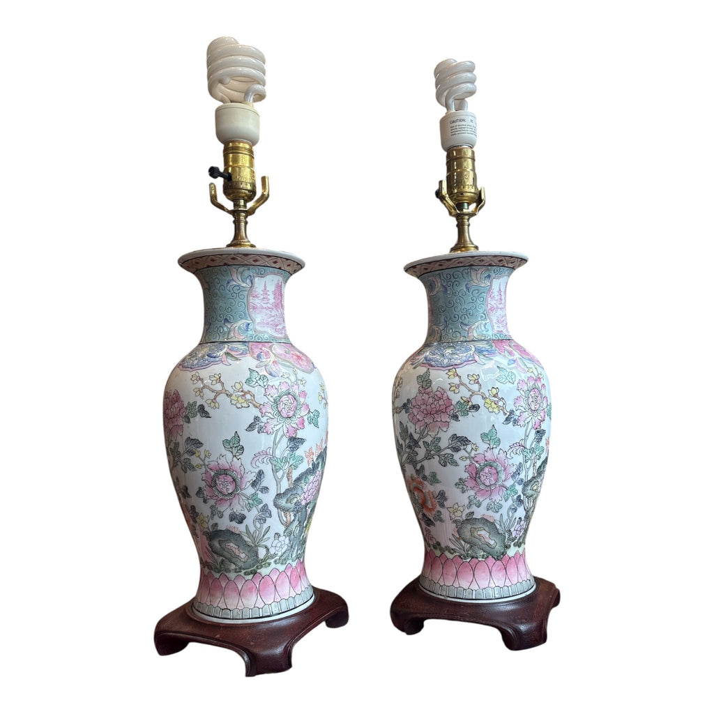 Pair Chinese Famille Rose Porcelain Table Lamps with Rabbits on Carved Wood Base