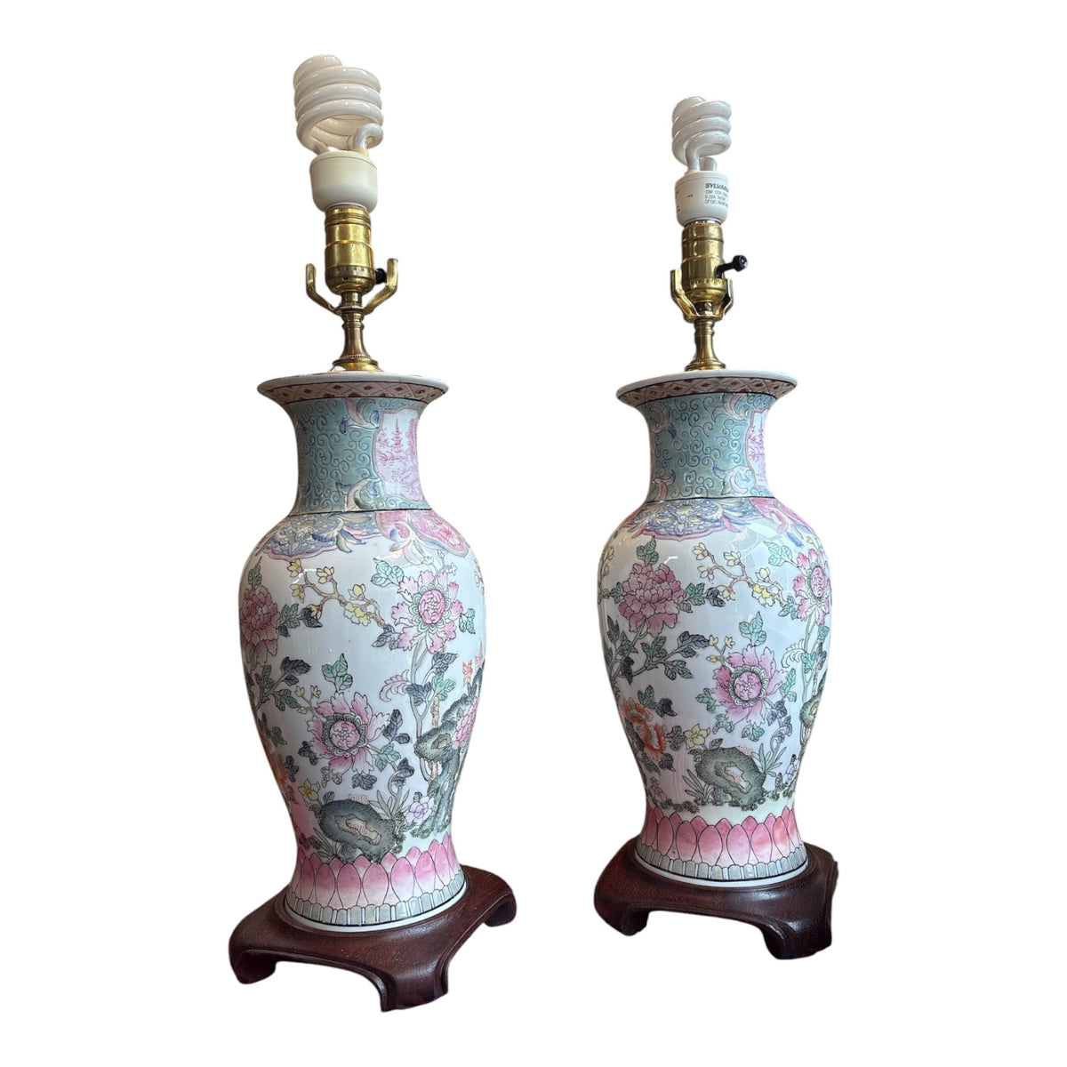 Pair Chinese Famille Rose Porcelain Table Lamps with Rabbits on Carved Wood Base