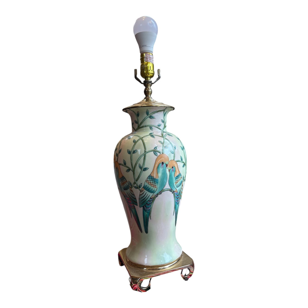 Chinoiserie Ceramic Table Lamp with Hand-Painted Parrots on Brass Base