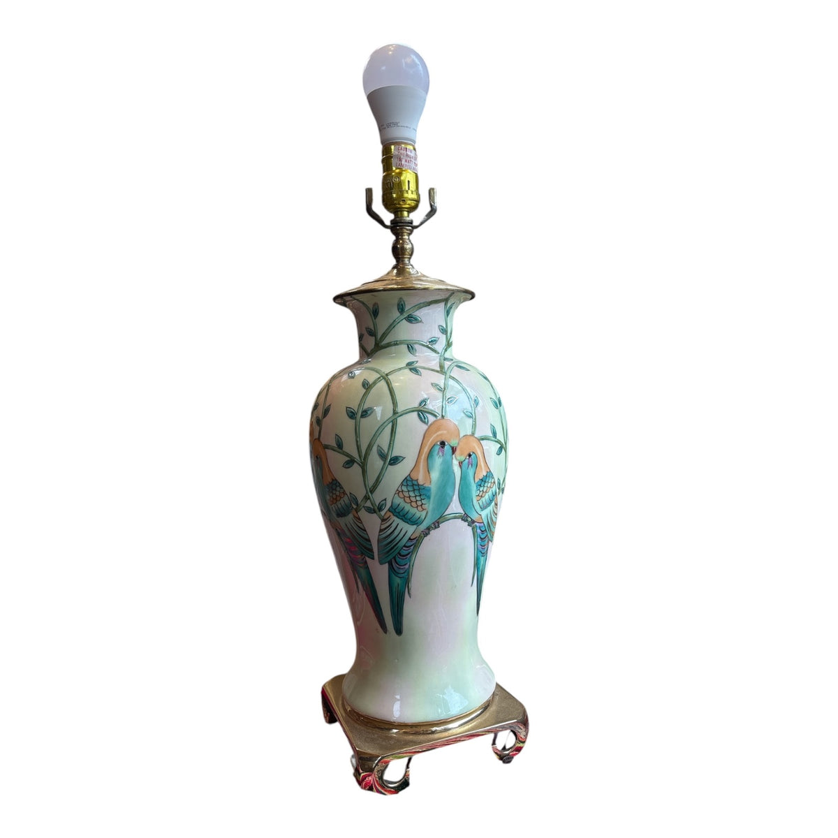 Chinoiserie Ceramic Table Lamp with Hand-Painted Parrots on Brass Base