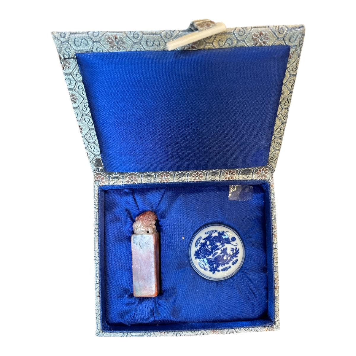 Chinese Soapstone Chop Seal with Foo Dog Finial & Blue Dragon Ink Paste Box Set