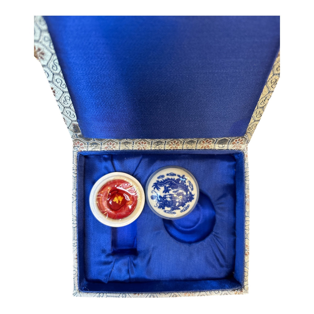 Chinese Soapstone Chop Seal with Foo Dog Finial & Blue Dragon Ink Paste Box Set
