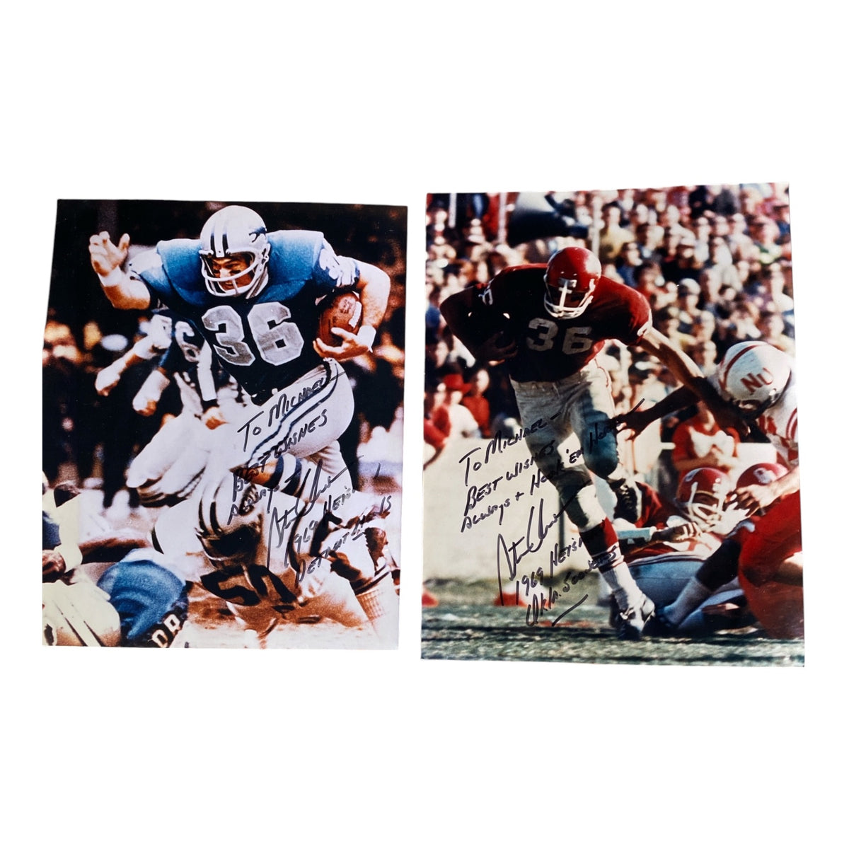 Steve Owens Signed 8x10 Photos (Pair) – 1969 Heisman Winner, Detroit Lions NFL