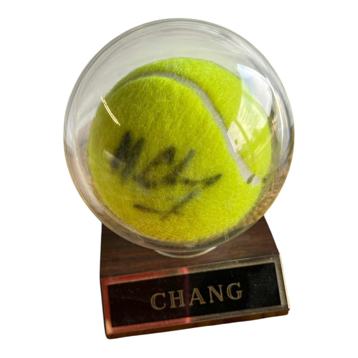 Michael Chang Signed Tennis Ball in Display Case with Walnut Base