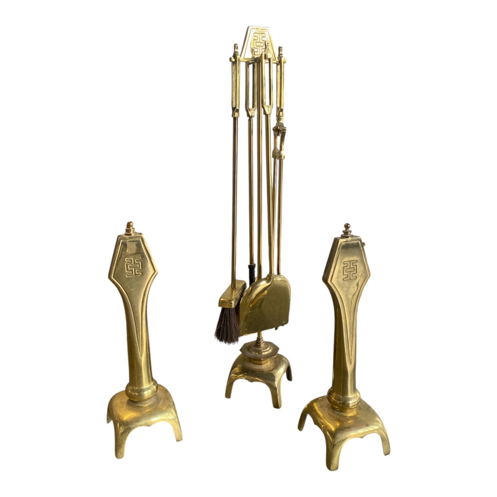 Asian-Inspired Solid Brass Fireplace Tool Set & Matching Andirons, Greek Key Mot