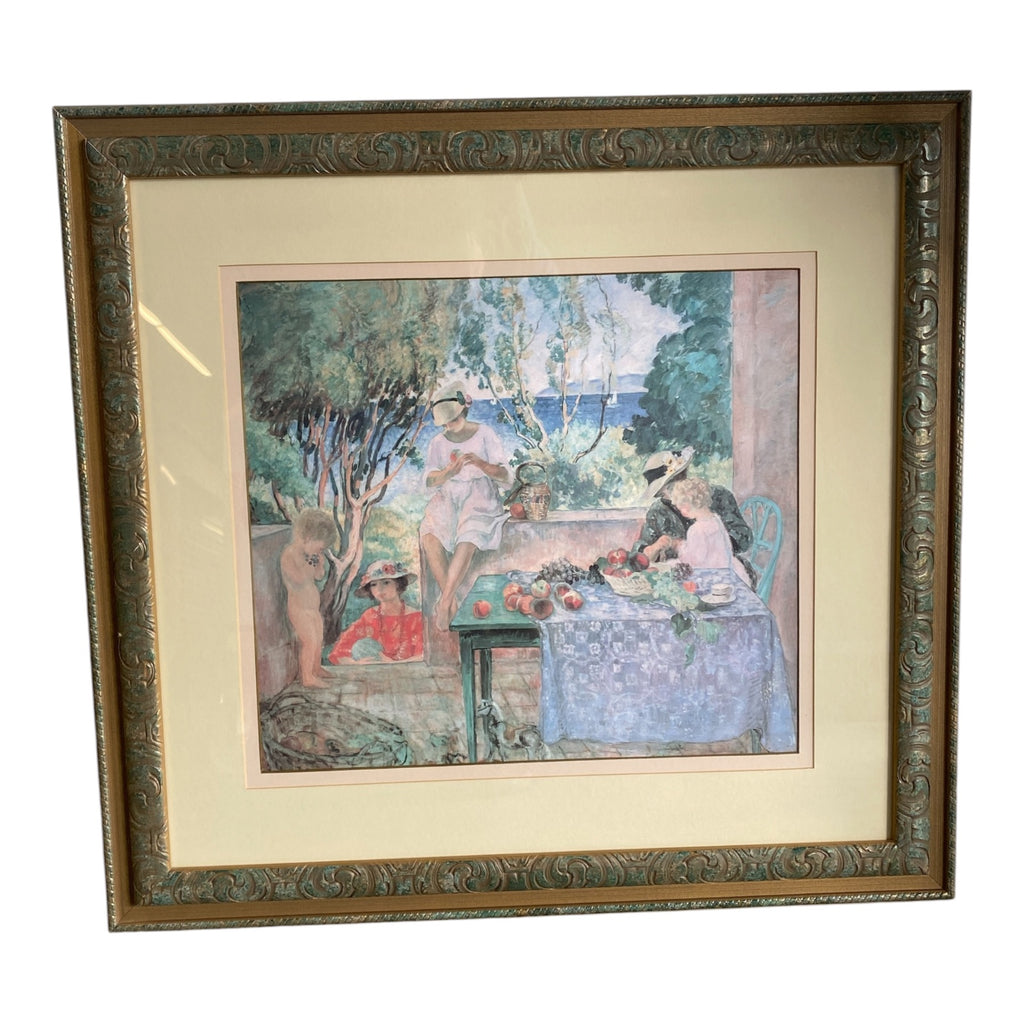 Framed Henri Lebasque-Style Post-Impressionist Print in Verdigris Scroll Frame