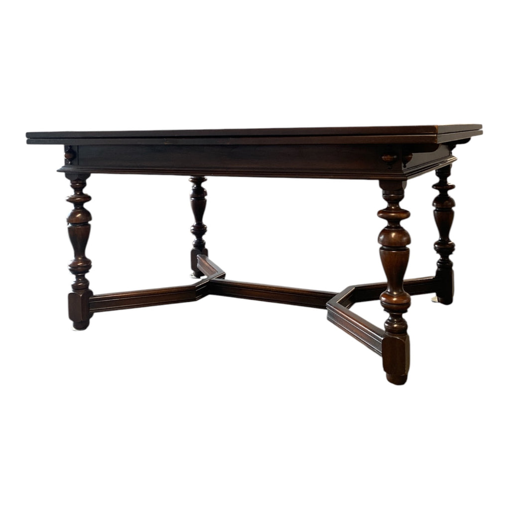 1920s Jacobean Revival Oak Dining Set — Draw-Leaf Table + 6 Chairs with Pierced