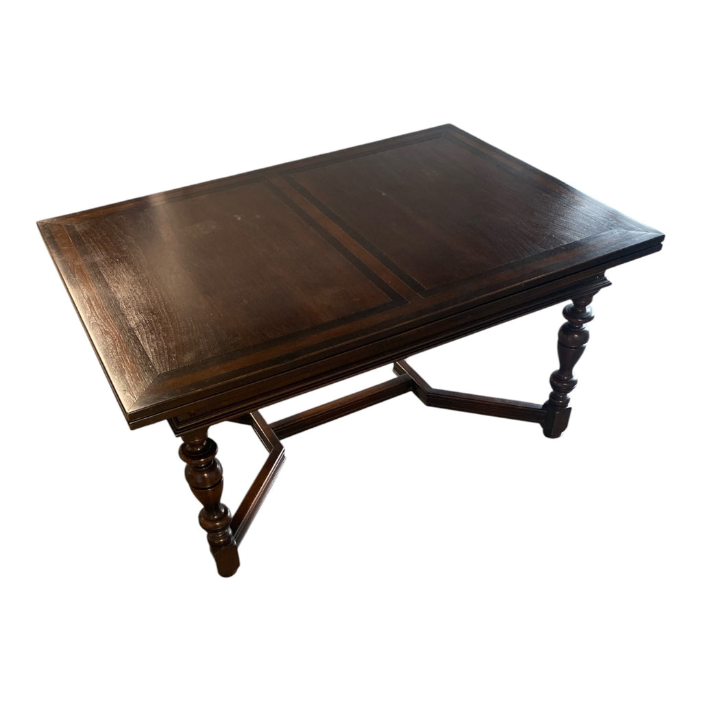 1920s Jacobean Revival Oak Dining Set — Draw-Leaf Table + 6 Chairs with Pierced