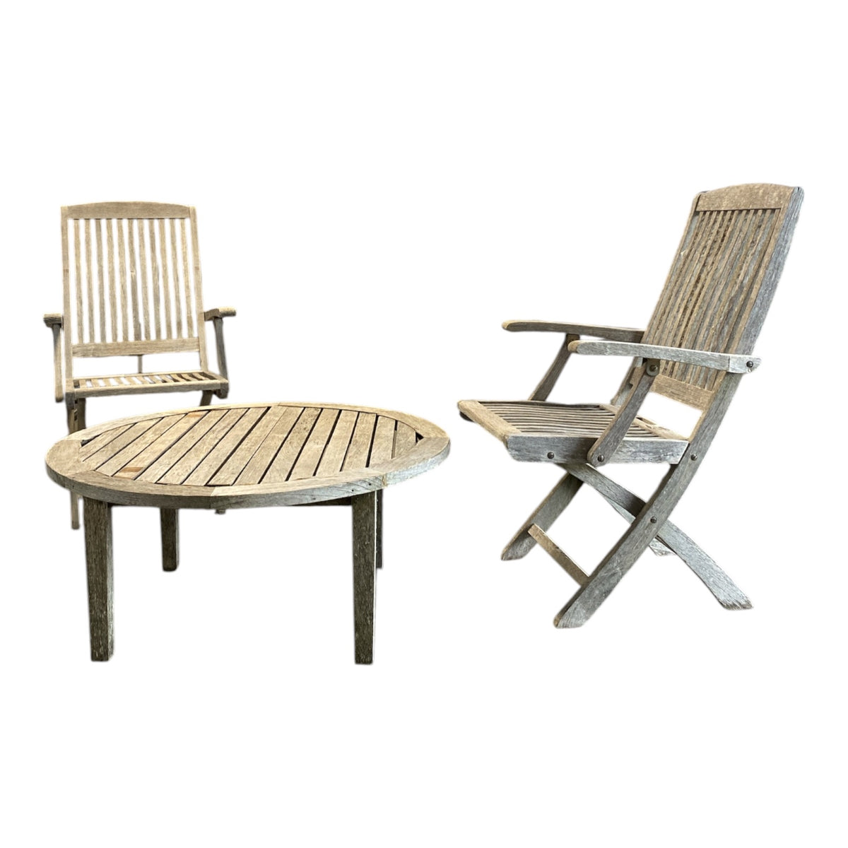 Solid Teak 3-Piece Patio Set — Pair of Folding Armchairs + Round Coffee Table