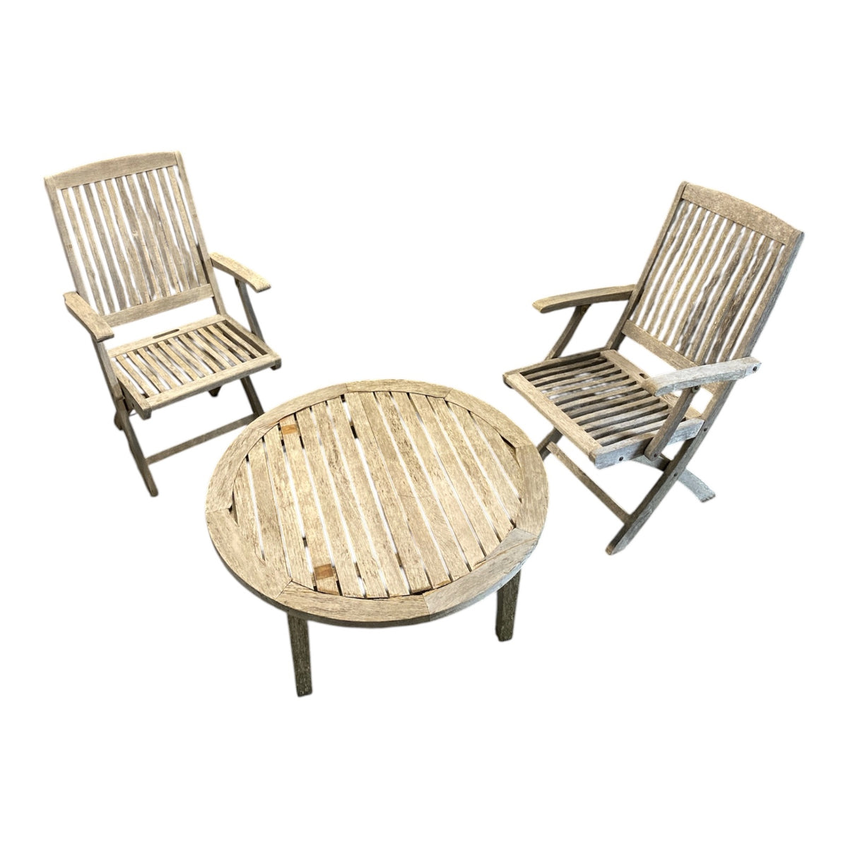 Solid Teak 3-Piece Patio Set — Pair of Folding Armchairs + Round Coffee Table