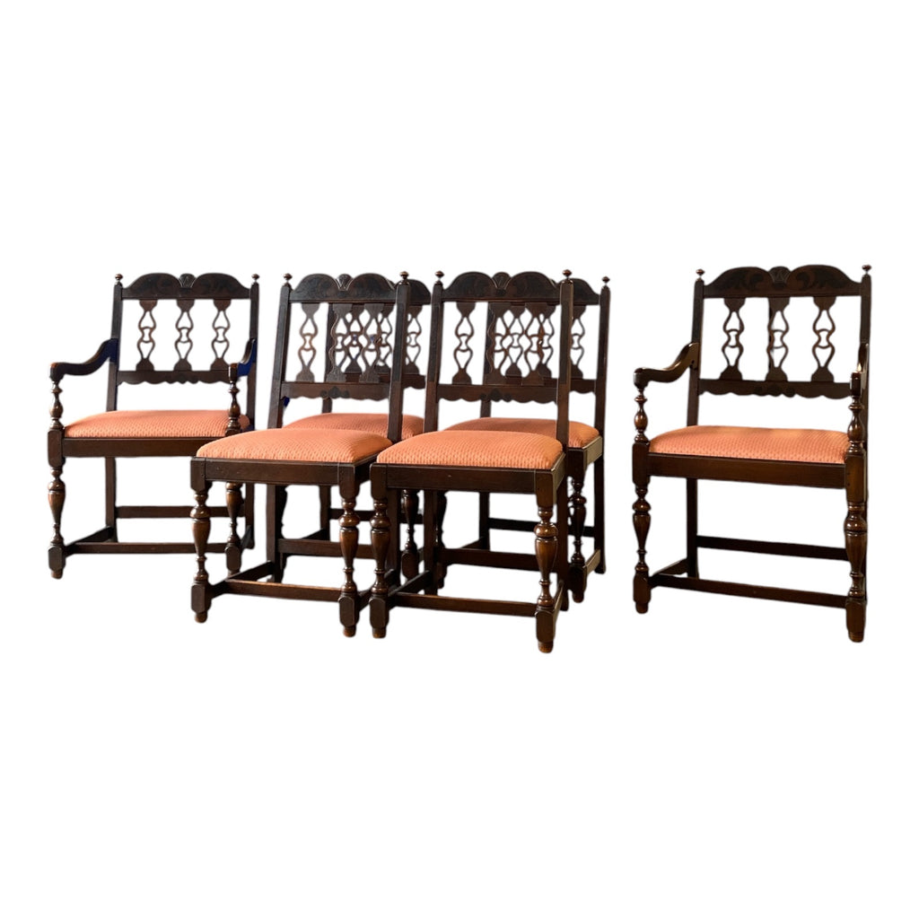 1920s Jacobean Revival Oak Dining Set — Draw-Leaf Table + 6 Chairs with Pierced