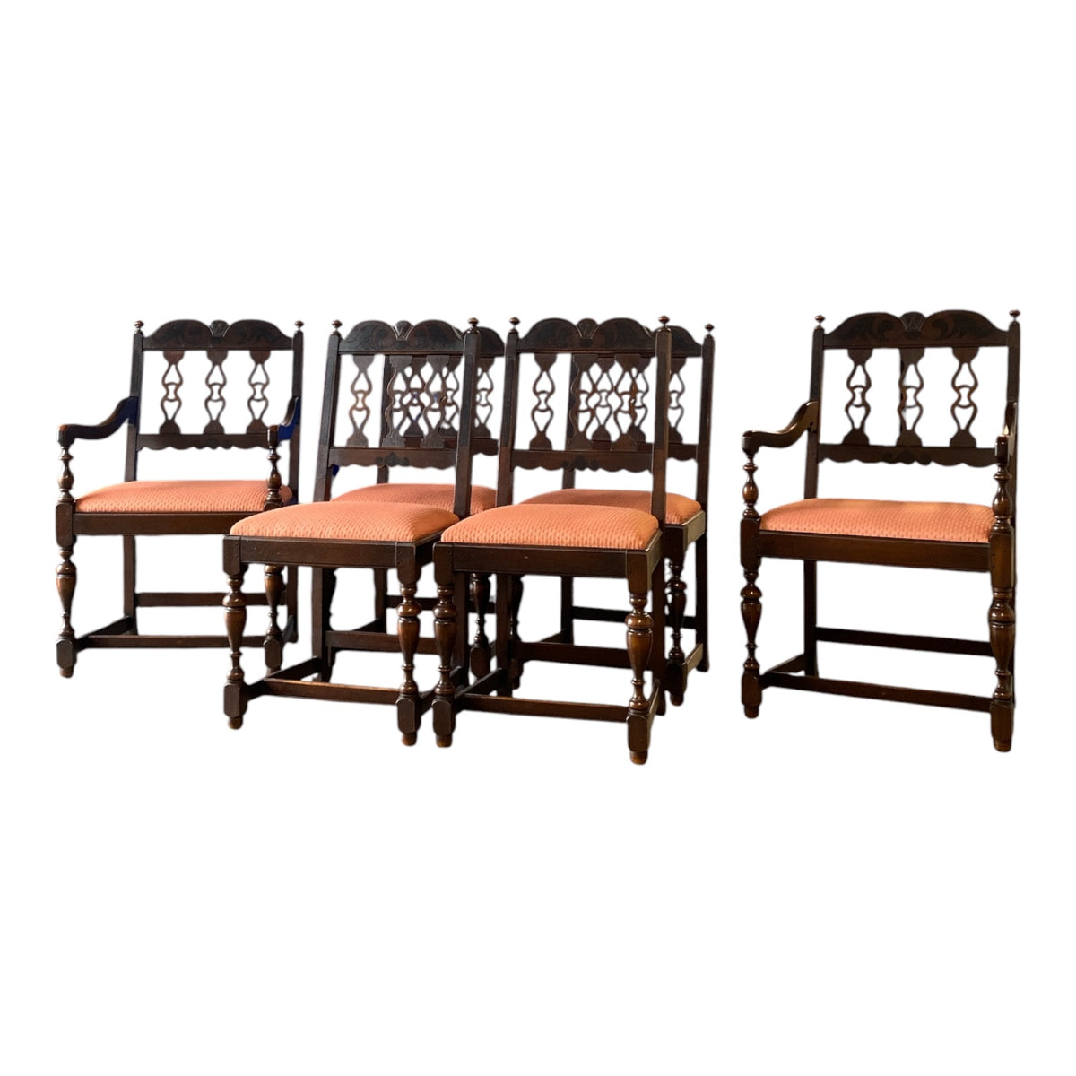 1920s Jacobean Revival Oak Dining Set — Draw-Leaf Table + 6 Chairs with Pierced
