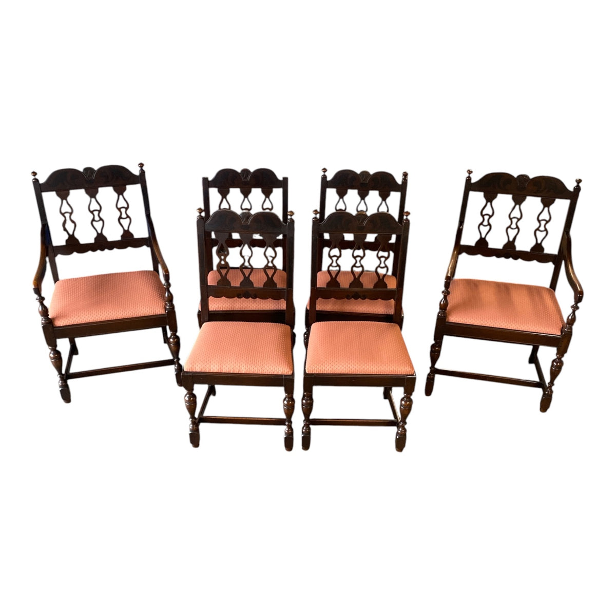 1920s Jacobean Revival Oak Dining Set — Draw-Leaf Table + 6 Chairs with Pierced