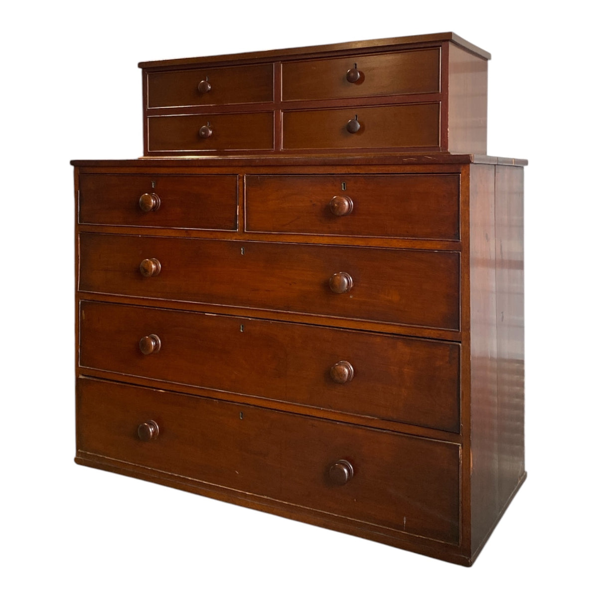 Victorian Mahogany Chest-on-Chest with Original Turned Knobs, 12 Drawers