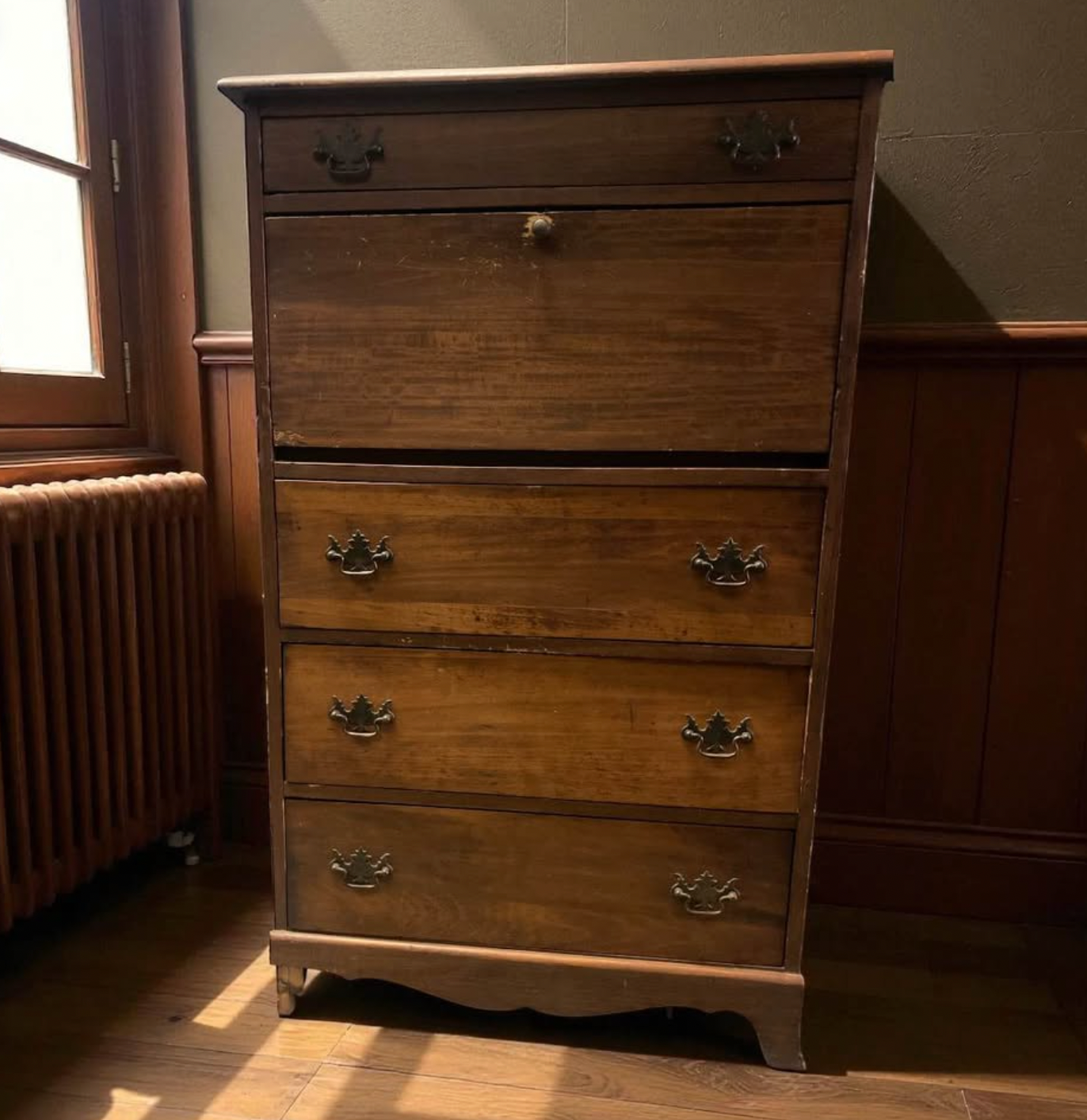 Vintage Drop-Front Secretary Dresser – Real Wood, Unique Function