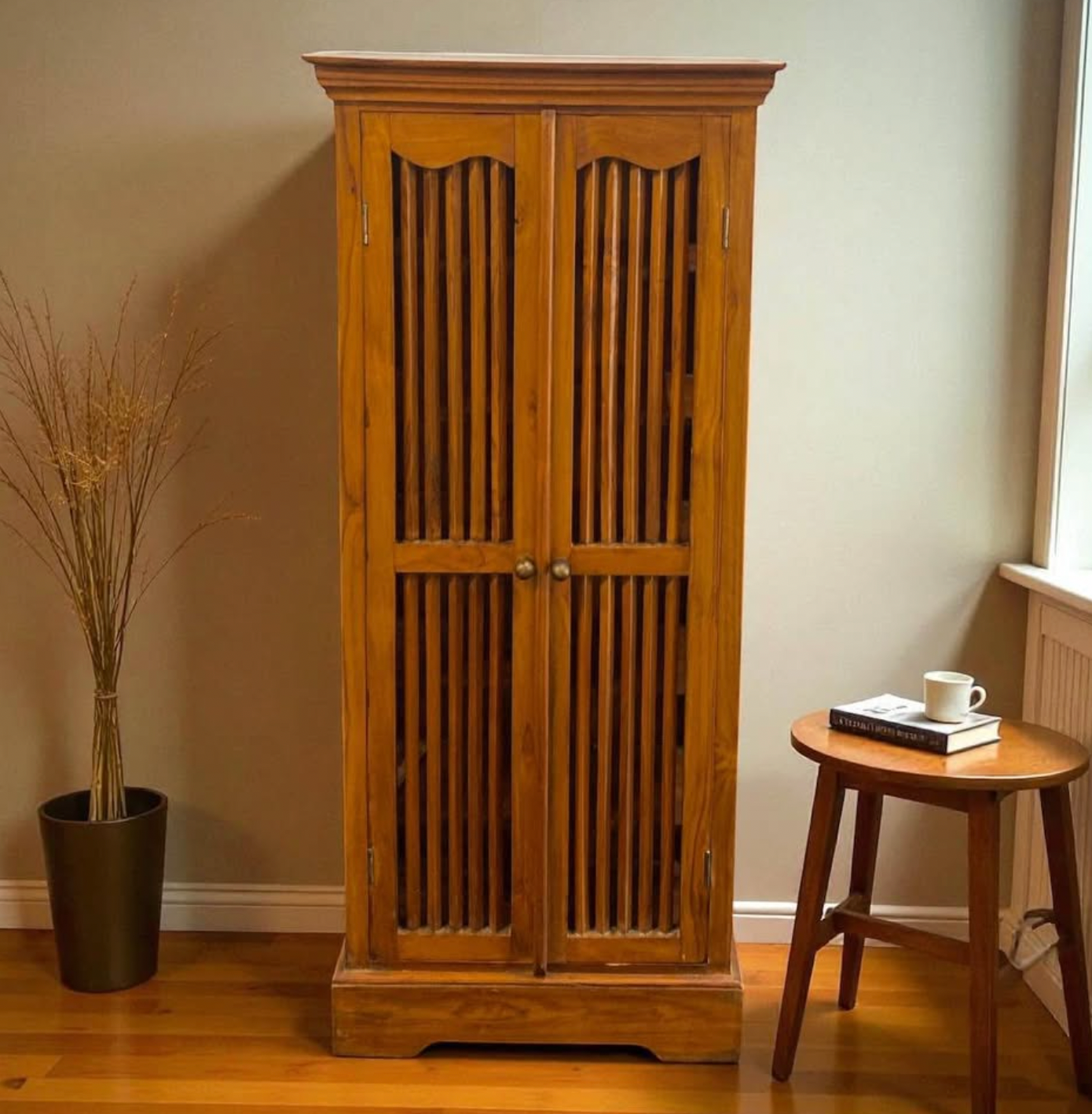 Solid Wood Slat Front Pantry Cabinet – Vintage Farmhouse Storage Gem