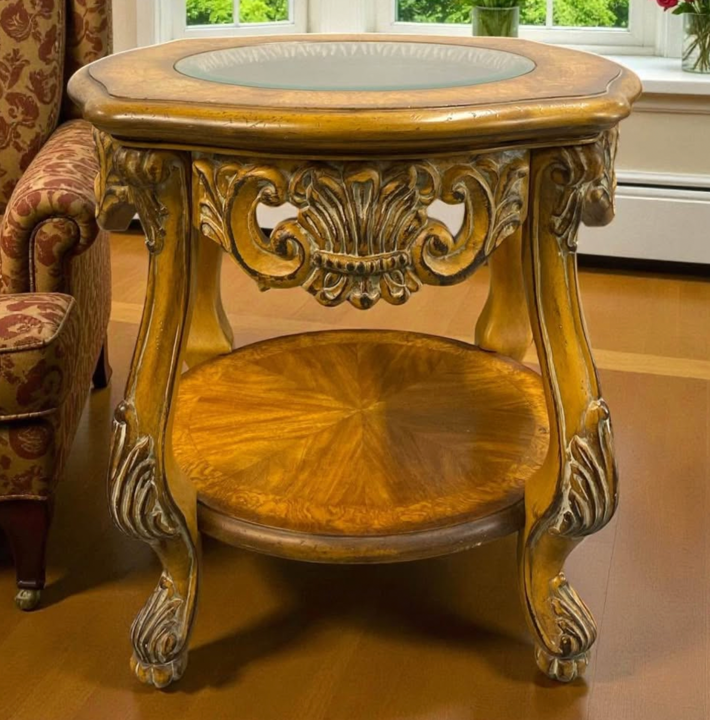 Vintage Carved Glass-Top Accent Table – Ornate Old World Charm