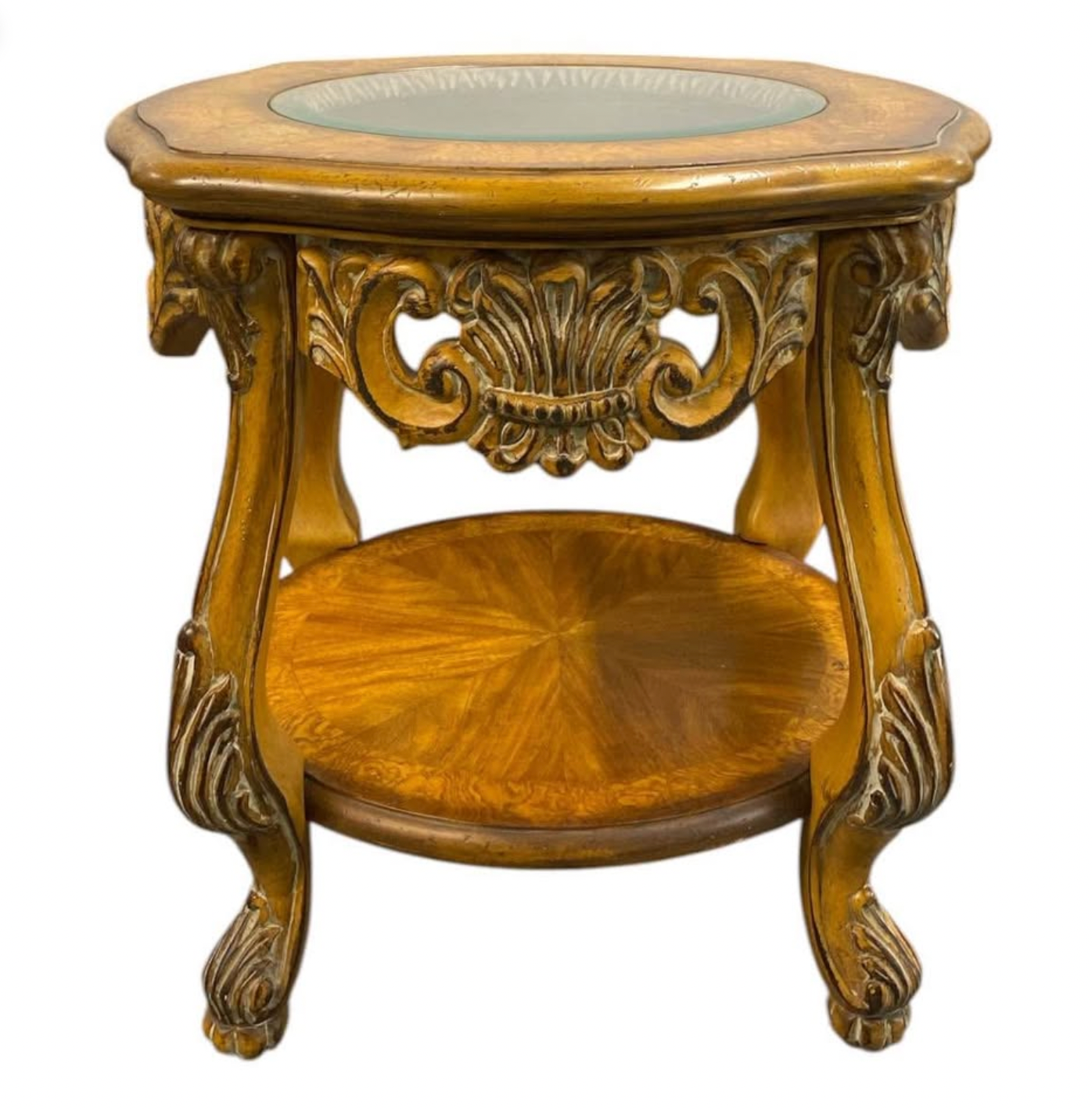 Vintage Carved Glass-Top Accent Table – Ornate Old World Charm