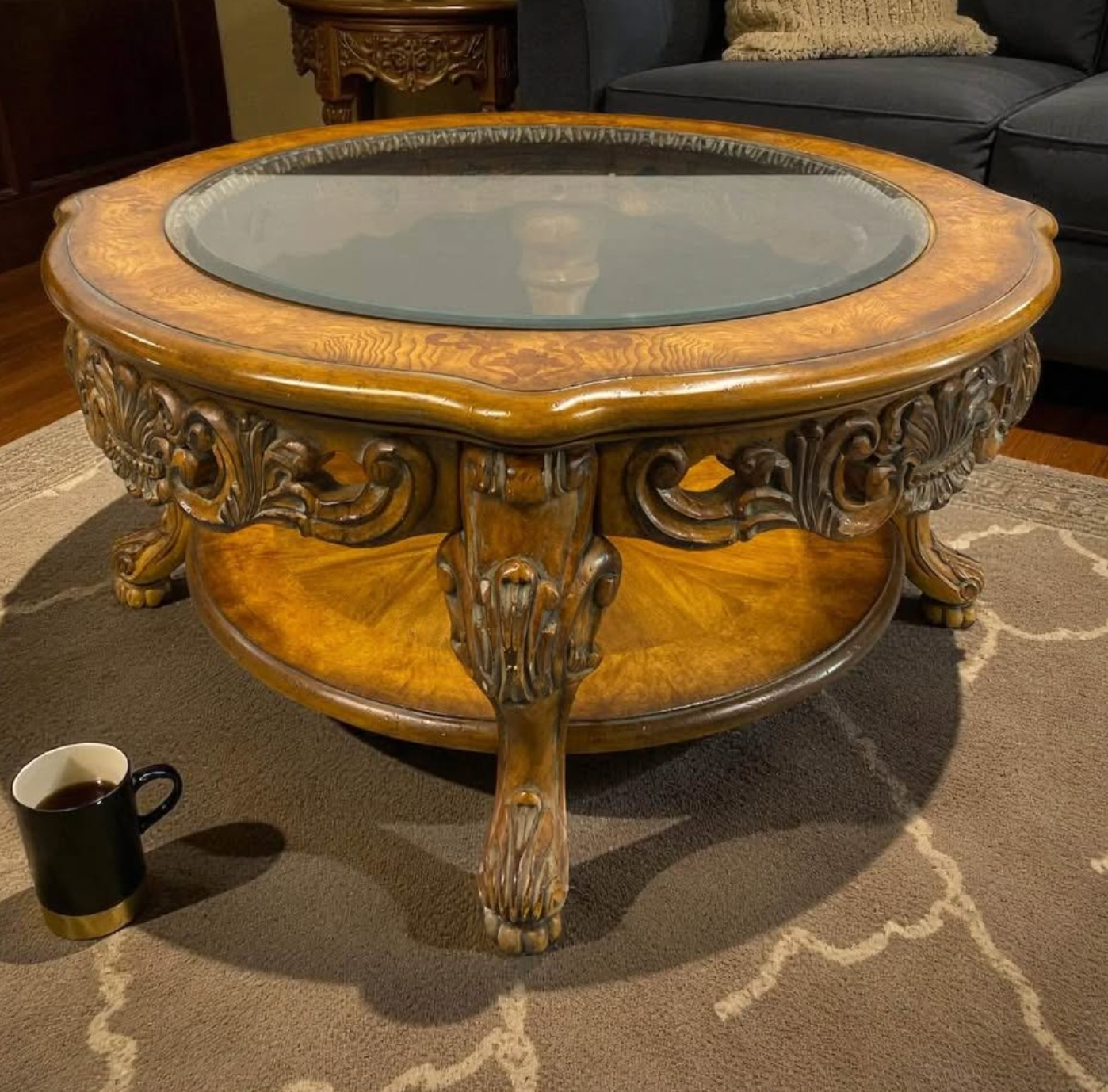 Vintage Carved Round Glass Coffee Table – Statement Claw Feet & Old World Elegance