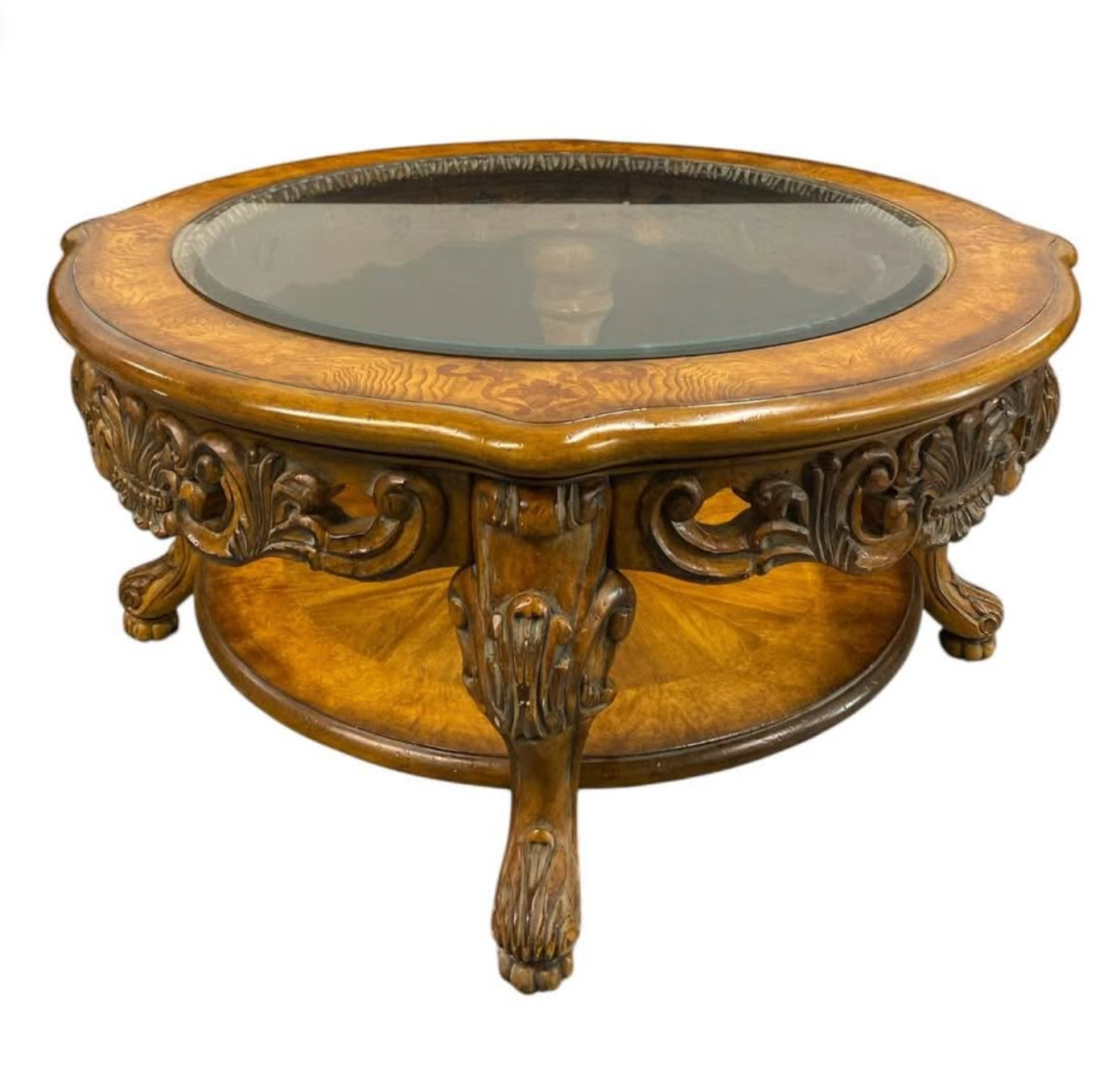 Vintage Carved Round Glass Coffee Table – Statement Claw Feet & Old World Elegance
