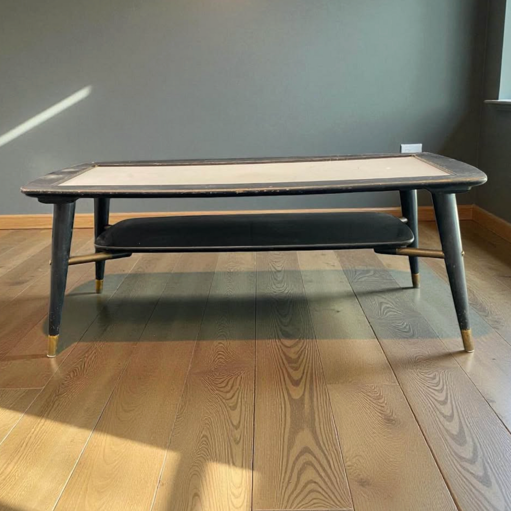 Midcentury Black Coffee Table – Rescued from the Landfill, Ebonized Modern Floating Shelf