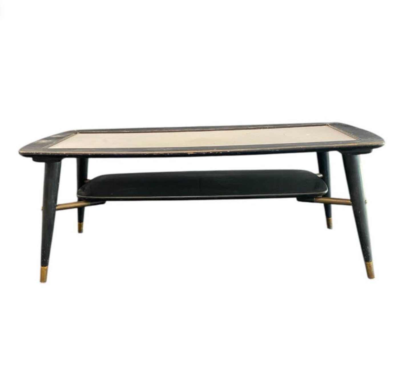 Midcentury Black Coffee Table – Ebonized Modern, Floating Shelf