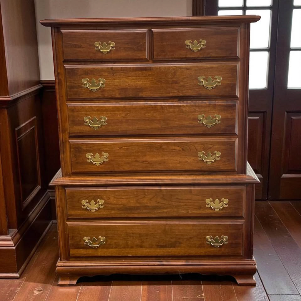 Cherry Chest-on-Chest Dresser – Classic Storage, Stately Brass