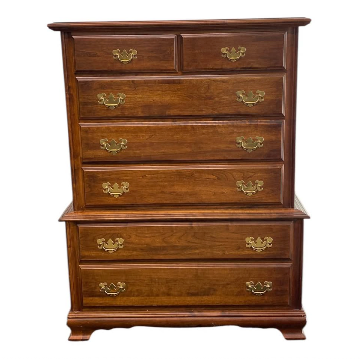 Cherry Chest-on-Chest Dresser – Classic Storage, Stately Brass